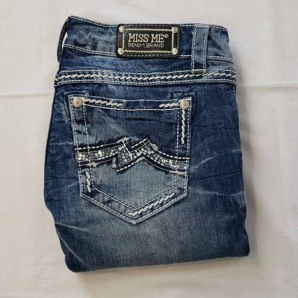 Miss Me Womens Easy Cropped Straight Leg Jeans Blue Thick Stitch Embellished 27 - Picture 5 of 13